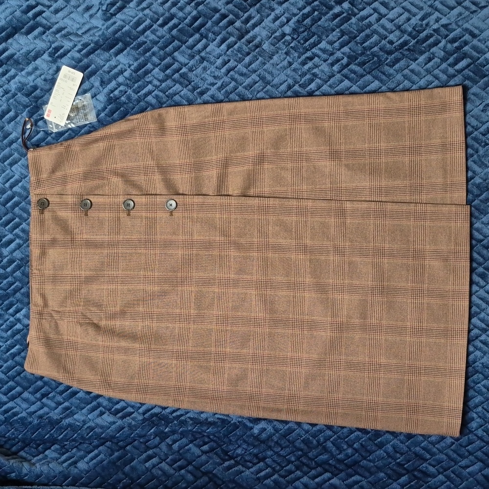 Uniqlo Side Button Checked Wrap Midi Skirt In Brown Size Large, New W Tags